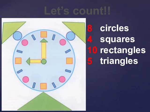 Let’s count!! 8 4 10 5 circles squares rectangles triangles