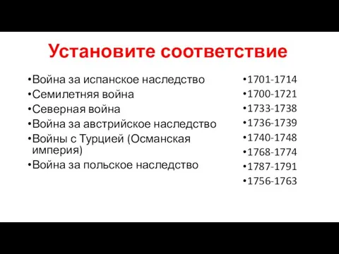 Установите соответствие Война за испанское наследство Семилетняя война Северная война Война