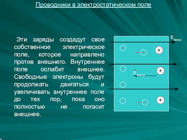 Эти заряды создадут свое собственное электрическое поле, которое направлено против внешнего.