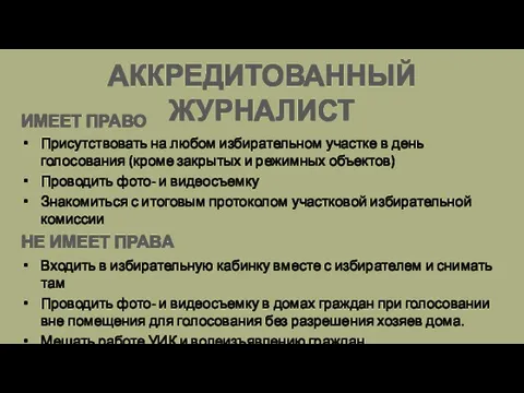 АККРЕДИТОВАННЫЙ ЖУРНАЛИСТ ИМЕЕТ ПРАВО Присутствовать на любом избирательном участке в день