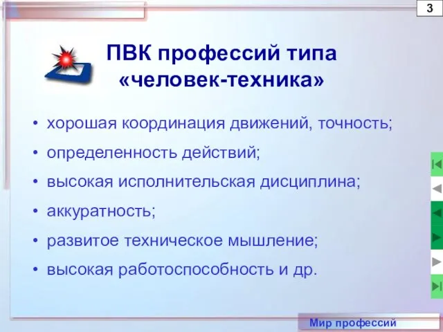 3 Мир профессий ПВК профессий типа «человек-техника» хорошая координация движений, точность;