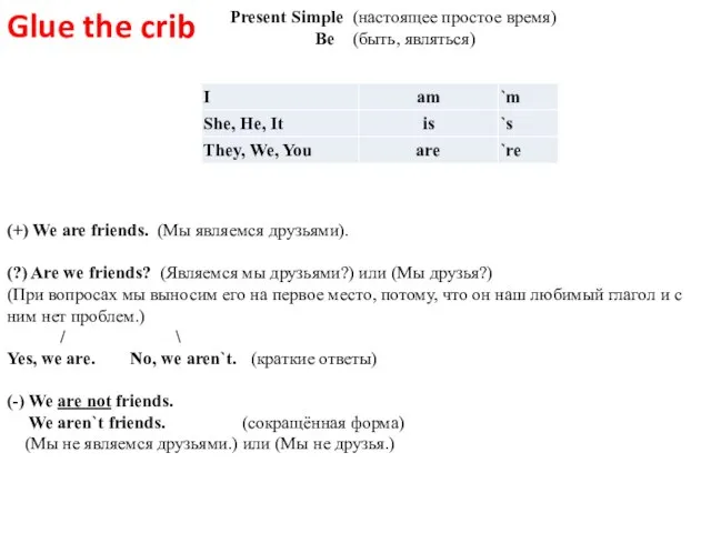 Present Simple (настоящее простое время) Be (быть, являться) (+) We are