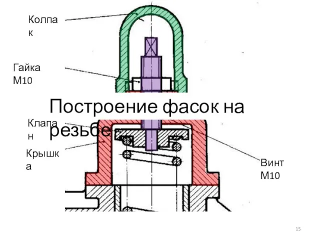 Винт М10 Крышка Гайка М10 Колпак Клапан Построение фасок на резьбе