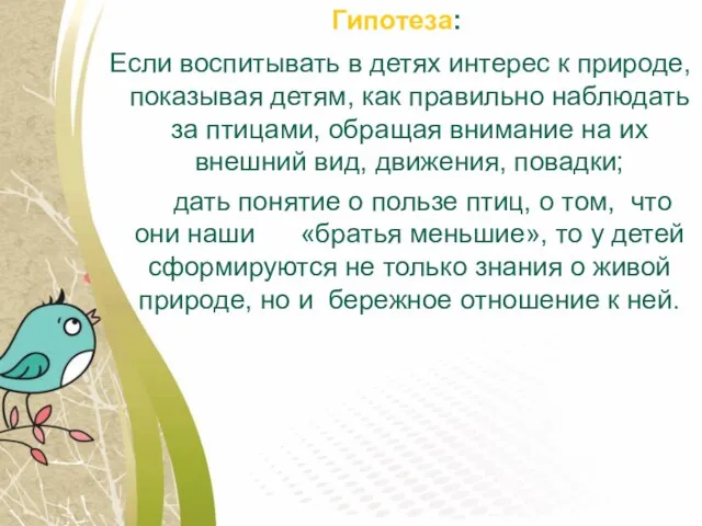 Гипотеза: Если воспитывать в детях интерес к природе, показывая детям, как