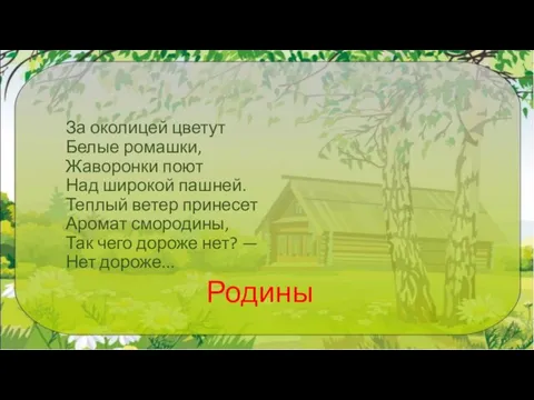 За околицей цветут Белые ромашки, Жаворонки поют Над широкой пашней. Теплый