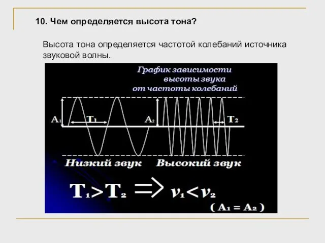 Высота тона определяется частотой колебаний источника звуковой волны. 10. Чем определяется высота тона?