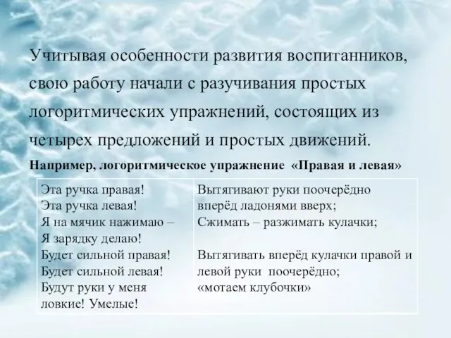 Учитывая особенности развития воспитанников, свою работу начали с разучивания простых логоритмических