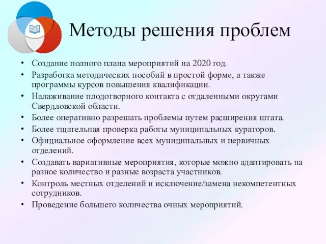 Методы решения проблем Создание полного плана мероприятий на 2020 год. Разработка