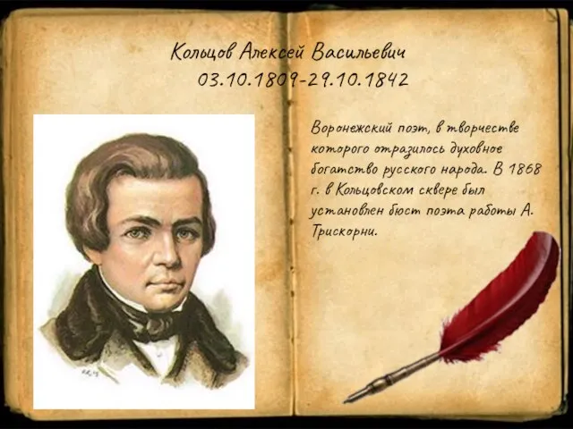 Кольцов Алексей Васильевич 03.10.1809-29.10.1842 Воронежский поэт, в творчестве которого отразилось духовное