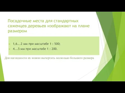 Посадочные места для стандартных саженцев деревьев изображают на плане размером 1,6...2