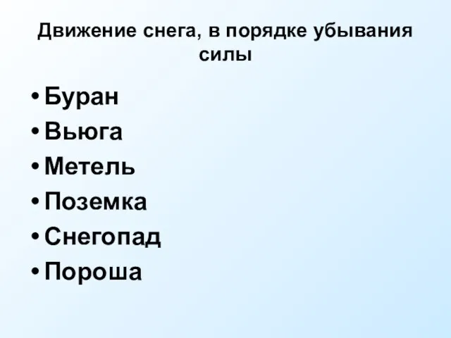 Движение снега, в порядке убывания силы Буран Вьюга Метель Поземка Снегопад Пороша