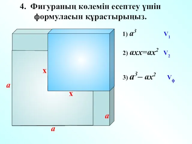 4. Фигураның көлемін есептеу үшін формуласын құрастырыңыз. x a a x