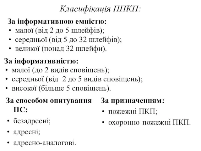 Класифікація ППКП: За інформативною емністю: малої (від 2 до 5 шлейфів);