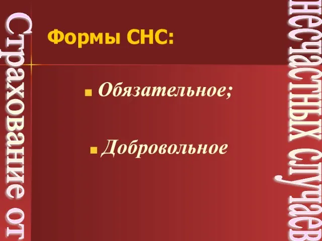 Обязательное; Добровольное Страхование от несчастных случаев Формы СНС: