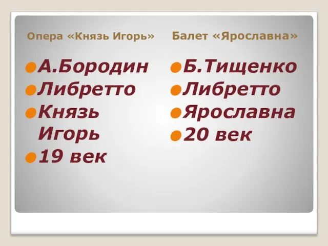 Опера «Князь Игорь» Балет «Ярославна» А.Бородин Либретто Князь Игорь 19 век Б.Тищенко Либретто Ярославна 20 век