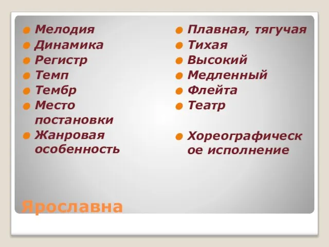 Ярославна Мелодия Динамика Регистр Темп Тембр Место постановки Жанровая особенность Плавная,