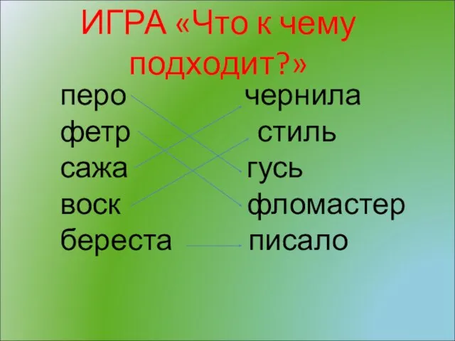 ИГРА «Что к чему подходит?» перо чернила фетр стиль сажа гусь воск фломастер береста писало