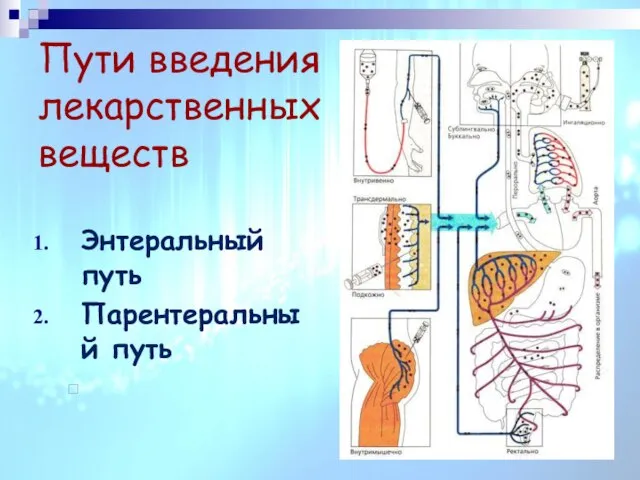 Пути введения лекарственных веществ Энтеральный путь Парентеральный путь