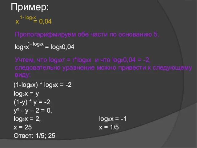 Пример: x = 0,04 Прологарифмируем обе части по основанию 5. log5x