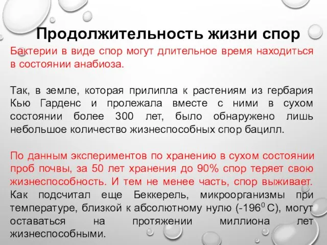 Продолжительность жизни спор Бактерии в виде спор могут длительное время находиться