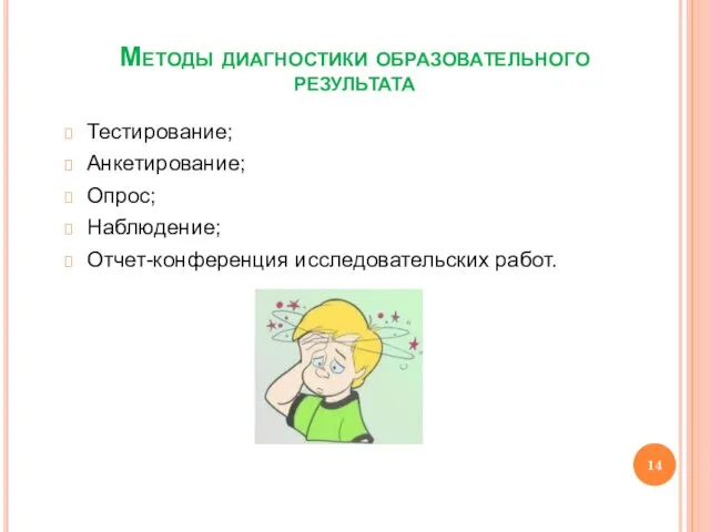 Методы диагностики образовательного результата Тестирование; Анкетирование; Опрос; Наблюдение; Отчет-конференция исследовательских работ.