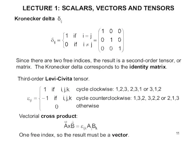 LECTURE 1: SCALARS, VECTORS AND TENSORS Kronecker delta δij Since there