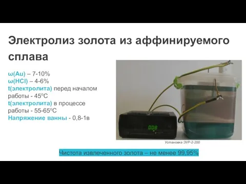 Электролиз золота из аффинируемого сплава ω(Au) – 7-10% ω(HCl) – 4-6%