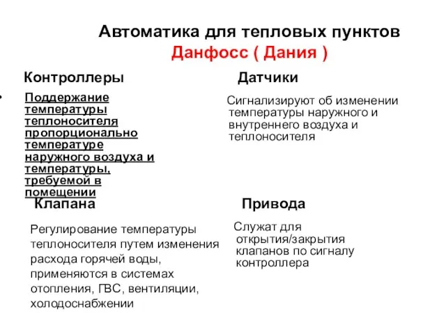 Автоматика для тепловых пунктов Данфосс ( Дания ) Поддержание температуры теплоносителя