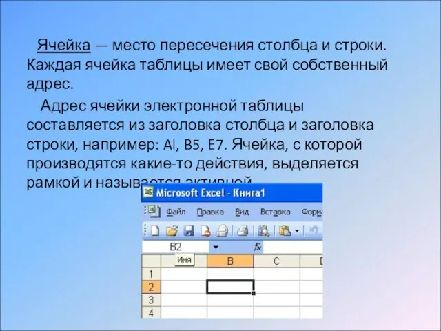 Ячейка — место пересечения столбца и строки. Каждая ячейка таблицы имеет