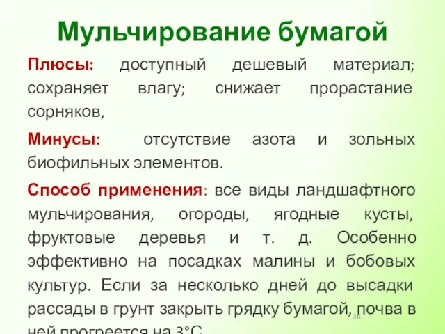 Плюсы: доступный дешевый материал; сохраняет влагу; снижает прорастание сорняков, Минусы: отсутствие