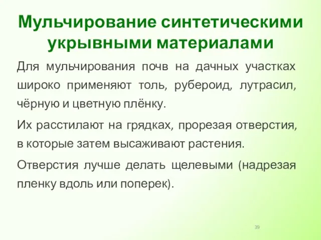 Для мульчирования почв на дачных участках широко применяют толь, рубероид, лутрасил,