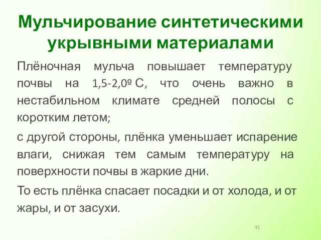 Плёночная мульча повышает температуру почвы на 1,5-2,0º С, что очень важно