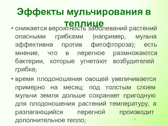 снижается вероятность заболеваний растений опасными грибками (например, мульча эффективна против фитофтороза);