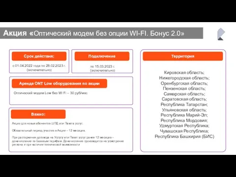 Акция «Оптический модем без опции WI-FI. Бонус 2.0» Кировская область; Нижегородская