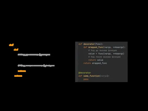 Реализация декоратора def decorator(func): def wrapped_func(*args, **kwargs): # Код до вызова