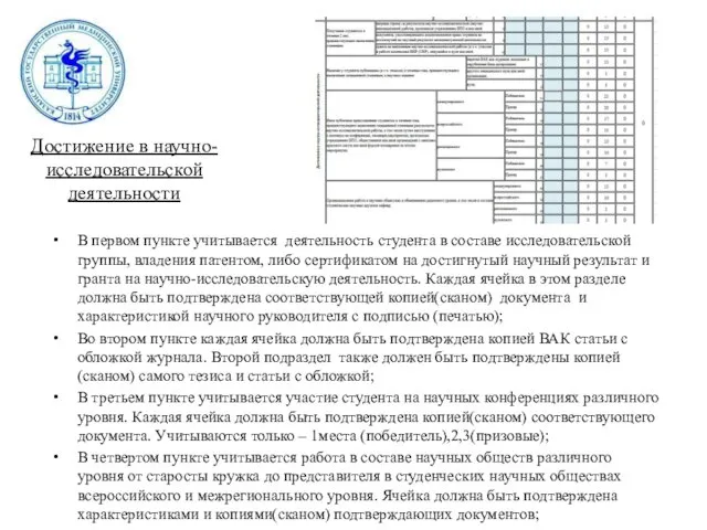 Достижение в научно-исследовательской деятельности В первом пункте учитывается деятельность студента в