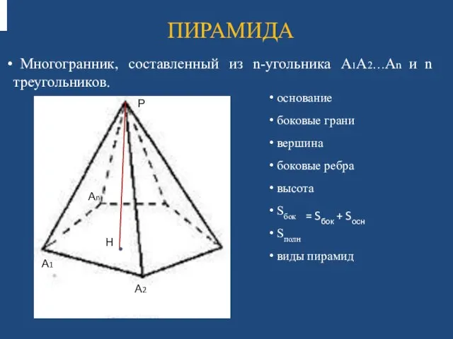 Многогранник, составленный из n-угольника А1А2…Аn и n треугольников. ПИРАМИДА А1 А2