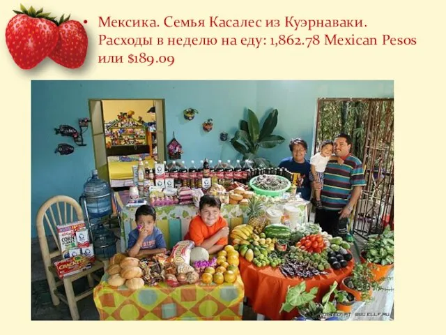 Мексика. Семья Касалес из Куэрнаваки. Расходы в неделю на еду: 1,862.78 Mexican Pesos или $189.09