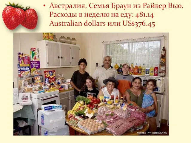 Австралия. Семья Браун из Райвер Вью. Расходы в неделю на еду: 481.14 Australian dollars или US$376.45