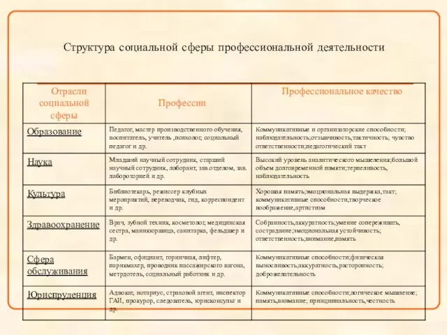 Структура социальной сферы профессиональной деятельности