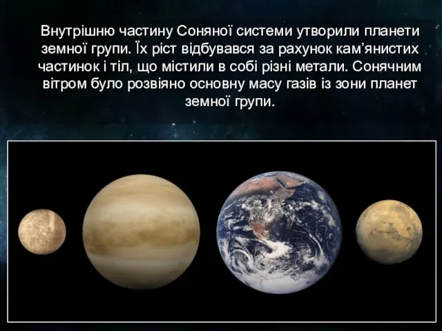 Внутрішню частину Соняної системи утворили планети земної групи. Їх ріст відбувався