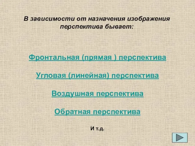 В зависимости от назначения изображения перспектива бывает: Фронтальная (прямая ) перспектива