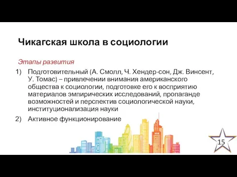 Чикагская школа в социологии Этапы развития Подготовительный (А. Смолл, Ч. Хендер-сон,