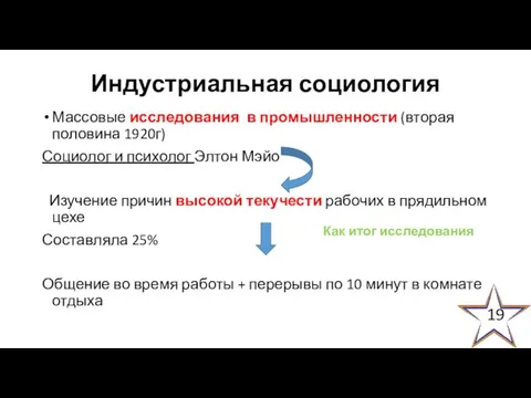 Индустриальная социология Массовые исследования в промышленности (вторая половина 1920г) Социолог и