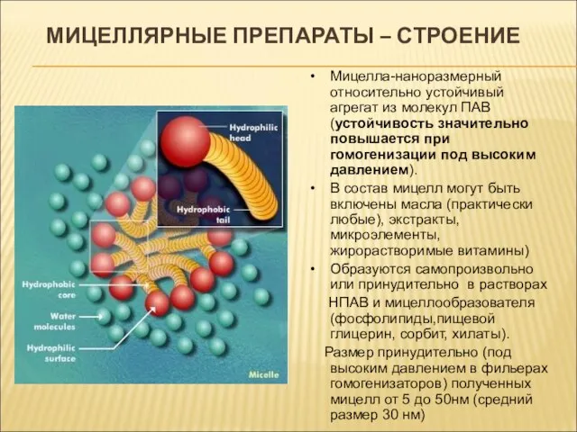 МИЦЕЛЛЯРНЫЕ ПРЕПАРАТЫ – СТРОЕНИЕ Мицелла-наноразмерный относительно устойчивый агрегат из молекул ПАВ