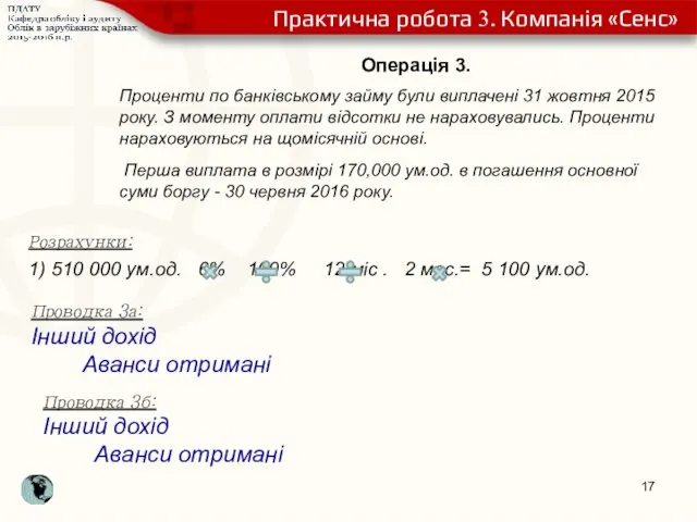 Операція 3. Проценти по банківському займу були виплачені 31 жовтня 2015