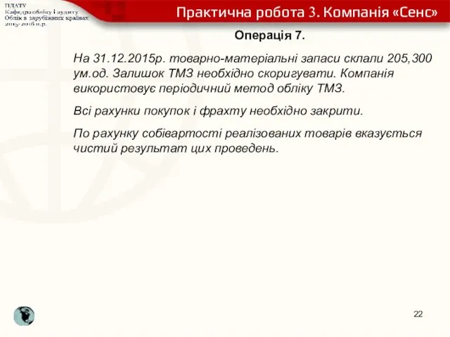 Операція 7. На 31.12.2015р. товарно-матеріальні запаси склали 205,300 ум.од. Залишок ТМЗ