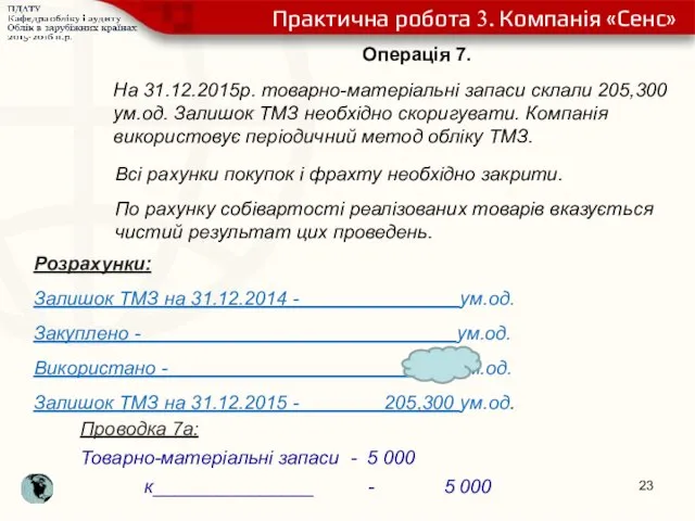 Операція 7. На 31.12.2015р. товарно-матеріальні запаси склали 205,300 ум.од. Залишок ТМЗ