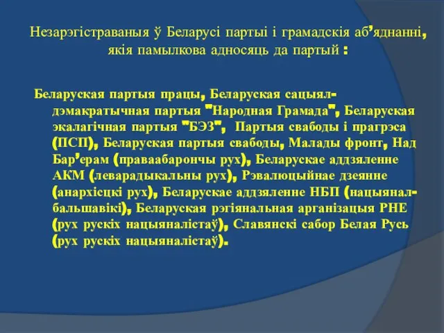 Незарэгістраваныя ў Беларусі партыі і грамадскія аб’яднанні, якія памылкова адносяць да