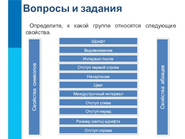 Вопросы и задания Определите, к какой группе относятся следующие свойства. Шрифт